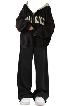 OOTD: Letter Print Half Zip Up Hoodie + Vintage Solid Color Baggy Sweatpants Oversized Sweats For Winter Leisure, Oversized Sweats For Leisure In Winter, Oversized Winter Sweats For Leisure, Winter Oversized Sweats For Leisure, Baggy Solid Color Winter Sweats, Baggy Solid Sweats For Winter, Winter Baggy Solid Color Sweats, Winter Baggy Solid Sweats, Sporty Baggy Sweatshirt With Pockets