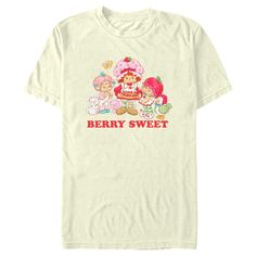 Who's ready for a berry special treat? You are! Enjoy sweet fashion with this officially licensed Strawberry Shortcake Sweet Friends Men's Graphic T-Shirt. Your favorite greeting card-turned-pop culture sensation is here to win your heart with fun adventures in Strawberry-land. This sweet tee features the wonderful Strawberry Shortcake and her pet, Custard sharing a cake with their friends Apricot and Cherry Cuddler who are excited to eat the delicious treat above the phrase "Berry Sweet" in red Strawberry Shortcake T Shirt, Sweet Cartoon Print Crew Neck T-shirt, Sweet Style Crew Neck T-shirt With Cartoon Print, Strawberry Shortcake Shirt, Strawberry Shortcake Cookies, Strawberry Field, Short Cake, Sweet Boyfriend, White Strawberry