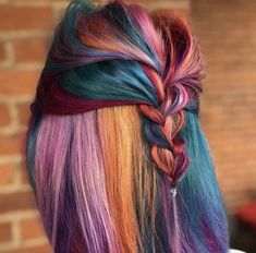 Vibrant Underneath Hair Color, Two Tone Bright Hair Color Ideas, Dark Hair With Vibrant Color, Vivid Underneath Hair, Rainbow Bob Hair, Subtle Fashion Hair Color, Jewel Toned Hair, Brown Hair With Rainbow Highlights, Copper And Teal Hair