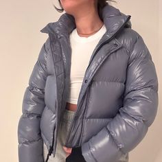 The Perfect Warm, Cropped Puffer For Winter Has A Hood And Thumb Holes Don’t Know The Exact Name Of The Color- Blueish-Gray Tone Great Condition Superpuff Aritzia, Aritzia Jacket, Grey Tones, Thumb Holes, Don T Know, Blue Gray, Blue Grey, Puffer, Jackets For Women