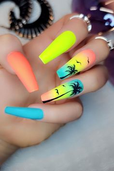 Vacay Vibes - Etsy New Acrylic Nails Trends, Bright Summer Nails Designs 2024, Island Nails Designs, Island Vacation Nails, Summer Fun Nails, Jamaica Nails, Neon Summer Nails, Luxe Nails, Tropical Vacation Nails