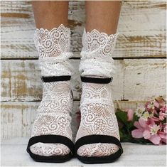 cute wedding socks Bride sexy modern wedding - Catherine Cole Atelier Lace Socks With Heels, Lace Sock, Lace Ankle Socks, Trending Heels, Sock Style, Scallop Top, Heels White, Lace Socks, Socks And Heels