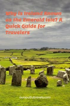 A view of green fields with a monlithic standing stones circle in Ireland Ireland Travel Tips, Green Landscapes, Galway City, Irish Landscape