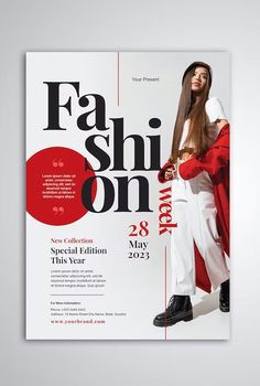 a flyer for a fashion show with a woman dressed in white and red, on a gray background