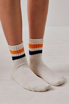 Simply sporty with true vintage flair, these American-made cotton quarter crew socks are the ultimate essential. **Fit:** Quarter crew length **Features:** Soft cotton blend, ribbed texture, seamed toe and heel, striped details **Why We | Retro Shortie Crew Socks by American Trench at Free People in Blue Ribbed Texture, Navy Gold, American Made, True Vintage, Crew Socks, Boho Outfits, Free People, Cotton Blend, Socks