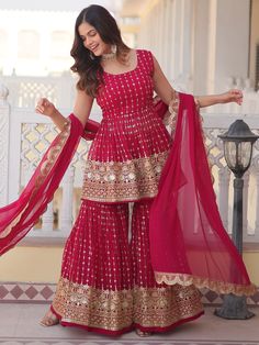 Pink Sharara, Sequin Suit, Gharara Suits, Party Wear Kurtis, Embroidered Sarees, Sharara Suit, Indian Wedding Wear