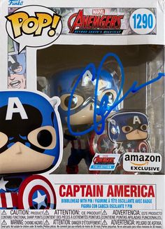 an autographed captain america pop - up figure with the avengers logo on it