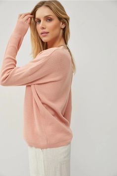 A comfortable and lightweight sweater, featuring crew neck, drop shoulder, and ribbed texture. Relaxed fit.  
 Fabric: 60% Cotton, 40% Viscose 
 Care Instructions: dry clean only Dusty Peach, Curvy Shorts, Curvy Jeans, Ribbed Texture, Sweater Tank Top, Kimono Dress, Shoulder Design, Athletic Pants, Long Blouse