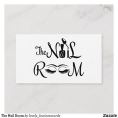 the nail room business card with eyelashes and lashes in black ink on a white marble background