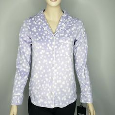 Simply Vera Vera Wang Purple Polka Dot Fleece Button Up Pajama Top Womens Xs Chest: 34″ Length: 24″ 100% Polyester Like What You See? Check Out The Rest Of My Store! All Measurements Are Approximate. L146 Fitted Long Sleeve Tops For Sleepovers, Long Sleeve Sleep Top With Button Closure, Purple Relaxed Fit Long Sleeve Sleepwear, Purple Pajamas, Button Up Pajamas, Black Pajamas, Womens Pajama Shorts, Velour Tops, Comfortable Pajamas