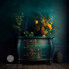 a painting of flowers and vases on a dresser in a room with blue walls