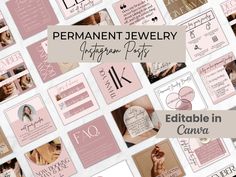 many different types of business cards with the words permanent jewelry heritage park on them in pink and white