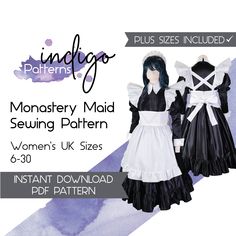 Monastery Maid - Digital Download PDF Sewing Pattern ✧Please read the full description and see the FAQ at the bottom for how to download your purchase and other important information✧ ✧ Sew your own costume with this print-at-home sewing pattern with English Instructions! This comprehensive pattern includes the following files in sizes UK Women's 6-30: - Sewing pattern pdfs for the dress, apron and headband that can be printed on A4 or Letter paper - A0 Large format printing files - English inst Maid Dress Pattern, Cosplay Sewing, Sewing Terms, Indigo Pattern, Dress Apron, Metric Measurements, Maid Cosplay, Machine Pattern, Costume Patterns