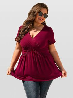 Shop our trendy plus-size blouses with crisscross ruched detailing and flirty ruffle hems. Elevate your style today! Summer V-neck Solid Color Tops, Summer Ruched Short Sleeve Tops, Solid Summer Stretch Tops, Summer Ruched V-neck Tops, Summer V-neck Ruched Top, Casual Stretch Crisscross Top, Ruffle Hem Blouse, Womens Basic Tops, Shirt Blouses Women's