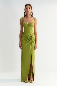 Light Green Side Slit Detailed Maxi Dress Length from Shoulder: 160 cm 95% Polyester, 5% Elastane Model Measurements: Height: 1.77 Bust: 83 Waist: 58 Hips: 89 cm  Model is wearing size S Sage Green Bodycon Midi Dress, Light Green Gown Elegant, Summer Formal Dresses Long, High Low Evening Dresses Elegant, Light Green Evening Dress, Wedding Guest Dress Off The Shoulder, Wedding Guest Dress Italy Summer, Cool Formal Dresses, Colorful Formal Dress