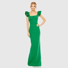 Perfect For Formal Events, This Charming Crepe Gown Features A Square Neckline, Ruffled Cap Sleeves, And A Scoop Open Back. Ieena For Mac Duggal Crepe Fabric (100% Polyester) Fully Lined Square Neckline Ruffled Cap Sleeve Scoop Open Back Concealed Back Zipper Approx. 62.5" From Top Of Shoulder To Bottom Hem Available In Green Style #27109 Crepe Gown, Mac Duggal Dresses, Column Gown, Green Style, Mac Duggal, Crepe Fabric, Green Fashion, Square Neckline, Cap Sleeve