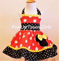 BIRTHDAY MINNIE MOUSE RED POLKA AND YELLOW WHITE POLKA DOT HALTER DRESS Fun Red Cotton Dress, Red Cotton Minnie Mouse Dress, Summer Halter Dress, Birthday Minnie Mouse, Minnie Mouse Red, Halter Dress Summer, Girls Red, White Polka Dot Dress, Red Polka Dot