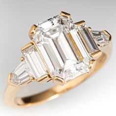 Emerald Cut Diamond Engagement Ring w/ Shield Cut Diamond Accents 18K Yellow Gold 3.06Ct G/SI1 GIA