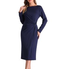 This Boat Neck Ruched Bodycon Dress features a wrap boat neck design that is not see-through, has long sleeves, and is perfect for party and cocktail events. The sheath pencil dress is extremely flattering for curvy women, with a ruched waist that adds a delicate and elegant touch. The boat neck wrap design beautifully showcases your charming collarbone. Ideal for various occasions such as work, parties, cocktails, daily wear, funerals, weddings, night outs, evenings, proms, dinners, dating, bus Bodycon Work Dress, Work Parties, Dress Dark Blue, Sweater Maxi Dress, Cocktail Event, Ruched Midi Dress, Ruched Bodycon Dress, Midi Sheath Dress, Sweater Dress Midi