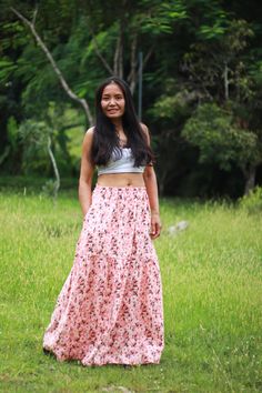 Full-length skirt in a beautiful Floral printed cotton fabric. The skirt is constructed in 2 tiers with an elastic waistband and 2 large side pockets  A great skirt to wear with a tight or cropped top and goes well with a nice blouse  Easy to care for wash cold cycle and hang to dry  Waist 24''-38'' inches ( elastic ) Length 38'' inches Hips 48'' inches For you reference the model is ( 5'1 tall , 32'' bust , 27'' waist and 35'' hips ) Floral Printed Skirt, Modest Skirt, Full Length Skirt, Awesome Blouse, Boho Skirt, Modest Skirts, Full Length Skirts, Skirt Summer, Printed Skirt