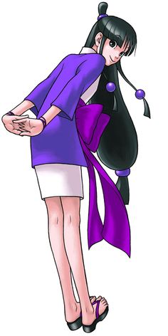 an anime character with long black hair wearing a purple shirt and white skirt, holding her hand on her hip