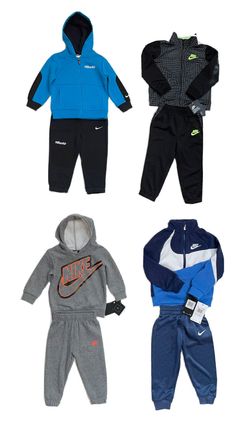 New with Tags Nike Baby/Toddlers Boy's Hooded or Non-Hooded Sweatshirt & Jogger Sweatpants Sets Plus for the holidays a complimentary pair of Nike socks to match, or different brand if supplies run out! Green hoodie has no tags, but is new & in mint condition AVAILABLE SIZES: 12 Months = 29-31.5” / 22.5-25 Lb 18 Months = 31.5-34” / 25.5-28 Lb 24 Months = 34-36” / 28.5-30 Lb 2T = 1-2 Years 3T = 2-3 Years 4T = 3-4 Years 4 = 3-4 Years COLOR DESCRIPTION & FABRIC: 1) Blue "Nike Air" zip-up hoodie wit Blue Hooded Sets For Spring, Blue Hooded Spring Sets, Fitted Hooded Sports Sets, Sporty Hooded Winter Sets, Athleisure Hooded Winter Sets, Sporty Hooded Fall Sets, Winter Sportswear Set With Long Sleeves, Sporty Sets For Fall Sports, Sporty Fall Sports Sets