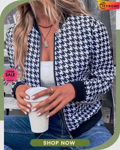 Houndstooth Loose Casual Jacket Vibrant Outfits, Long Sleeve Outerwear, Casual Vest, Line Jackets, Print Jacket, White Casual, Plus Size Casual, Casual Jacket, Outerwear Women