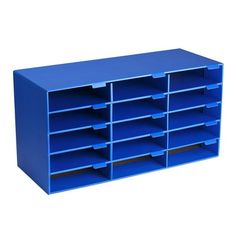 a large blue shelf with many drawers on it's sides and one section open