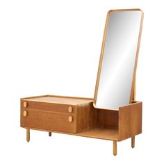 a wooden dresser with a mirror and drawers on the bottom shelf, against a white background