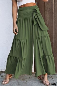 Fisdy - Lace-Up Wide Leg Pants with Smocked Waist and Tiered Design Boho Bottoms, Spaghetti Strap Maxi Dress, Womens Pants, Chambray Dress, Curvy Dress, Wide Pants, Boho Casual, Type Of Pants, Green Lace