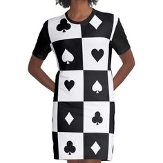 Loose and casual fit jersey t-shirt dress. Printed polyester blend front panel, solid color 100% cotton back/sleeves/rib. Size range XS-2XL. Playing Card Graphic, Playing Card, Casual Fit, Casual Fits, Jersey T Shirt, T Shirt Dress, Dresses For Sale, Graphic T Shirt, Playing Cards