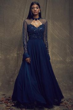 Shop for Shloka Khialani Blue Georgette Embellished Anarkali Gown With Dupatta for Women Online at Aza Fashions Gown With Dupatta, Designer Bridal Lehenga, Anarkali Gown, Long Frocks, Indian Gowns, Embellished Gown, Bridal Lehenga Choli, Blue Gown, Net Dupatta