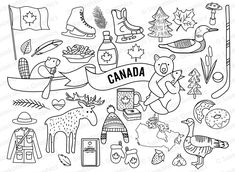 canada coloring page with the word canada surrounded by images of canadian symbols and things to see on it