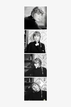 four black and white photos of people in formal wear, with one woman wearing a bow tie