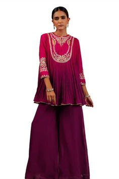 Fuschia purple shaded pleat yoke top with pitta technique with gota, sequin, beads, zari and glass beads. Paired with coordinating palazzo. - Aza Fashions Semi-stitched Purple Georgette Palazzo Set, Elegant Purple Palazzo Set With Resham Embroidery, Elegant Purple Palazzo Set For Festive Occasions, Elegant Purple Palazzo Set With Zari Work, Elegant Purple Palazzo Set With Dupatta, Formal Purple Sets With Traditional Drape, Purple Formal Sets With Traditional Drape, Elegant Purple Traditional Wear For Navratri, Embroidered Silk Palazzo Set In Purple