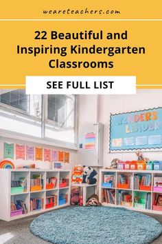 a colorful classroom with lots of books and toys on the floor, in front of a window