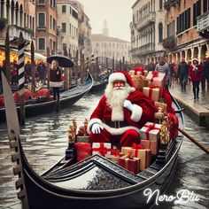 santa claus is sitting in a gondola with presents