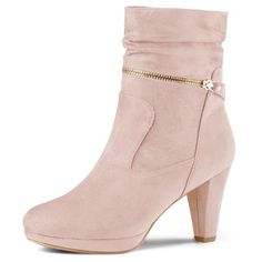 This high ankle boots featuring a chunky heel, round toe style finished with zipper closure for a bit of eye - catching movement every time you take a step.Round Toe Side Zip Booties;Slouchy Shaft Style;Ankle High Stylish Women Boots;Vamp: Faux Suede; Outsole: Rubber; Heel: ABS;Heel Height: 3 3/8 inches;Platform Height: 3/5 inches;Shaft Height: 6 1/9 inches. Western Dress With Boots, High Ankle Boots, Buckle Ankle Boots, Tall Riding Boots, Womens Chunky Heels, Block Heel Boots, Buckle Boots, Platform High Heels, Bride Shoes