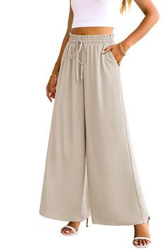 PRICES MAY VARY. Material: Made from super soft,comfy,lightweight,and breathable fabric that's gentle on your skin. Not stretch, not see-through and won't wrinkle easily or shrink after washing. Enjoy all-day comfort in these loose, flowy wide leg trousers. Chic Design: Wide leg palazzo pants are effortlessly stylish, with flexible elastic high waistband and drawstring for maximum adjustability and comfort. Flattering and flowy, casual linen lounge pants are perfect for any occasion. Style: Pape Beige Wide Leg Sweatpants With Side Pockets, Beige Wide Leg Sweatpants With Drawstring, Comfortable Non-stretch Solid Wide Leg Pants, Solid Color Full Length Pants For Loungewear, Full Length Solid Color Pants For Loungewear, Solid Color Full Length Loungewear Pants, Full Length Solid Color Loungewear Pants, Comfortable Beige Wide-leg Pants, Full Length Pants With Drawstring