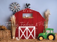 a farm scene with a red barn and tractor