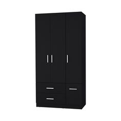 a black cabinet with two doors and drawers on the bottom, in front of a white background