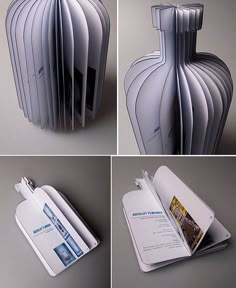 four different views of an open book with pages folded in the shape of a vase