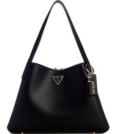 From Guess&#x2C; the Sora Girlfriend Carryall Tote Bag features:Calf PUUnlinedShiny gold hardware2 mag-snap pocketsMiddle zip pocketSlip shoulder strapsApprox.: 10.25"-15" x 4.25" x 10"Imported. Black Leather Handbag, Carryall Tote, Flap Shoulder Bag, Black Leather Handbags, Dillard's, Black Tote Bag, Leather Handbag, Tote Handbags, Leather Handbags