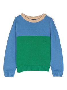 blue/bright green/beige cotton blend colour-block design crew neck long sleeves ribbed cuffs and hem Teen Hoodies, Colour Combos, Baby Sweater, Airport Fashion, Crew Neck Jumper, Green Beige, Block Design, Kids Sweater, Colour Block