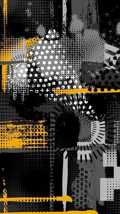 an abstract painting with black and yellow lines, dots and squares on it's surface