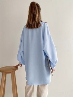 SIZE (Unit: CM): S,M,L S : Bust:117CM Length:86CM M : Bust:121CM Length:87CM L : Bust:125CM Length:88CM Note:( 1 CM =0.39 Inch, 1 Inch = 2.54 CM) Light Blue V-neck Blouse For Daywear, Blue V-neck Shirt For Spring, Blue V-neck Shirt For Daywear, Blue Long Sleeve Blouse For Daywear, Oversized Blue V-neck Tops, Blue V-neck Top For Daywear, Long Sleeve Elegant Dresses, Pocket Shirts, Chic Summer Dresses