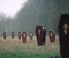 there are many urns in the grass with crosses on them