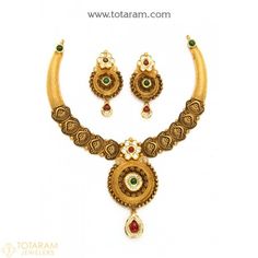 22K Gold Antique Necklace & Drop Earrings Set with Stones - 235-GS2917 - Buy this Latest Indian Gold Jewelry Design in 48.300 Grams for a low price of  $2,751.19 Rajwada Jewellery, Gold Antique Necklace, Gold Jewellery India, Indian Gold Jewellery Design, Mangalsutra Chain, Temple Jewelry Necklace, Jewelry Pearls, White Diamond Necklace, Antique Necklaces Design