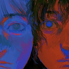 two people with blue and red eyes are shown in this artistic painting style photo, one is looking at the camera while the other looks to his left