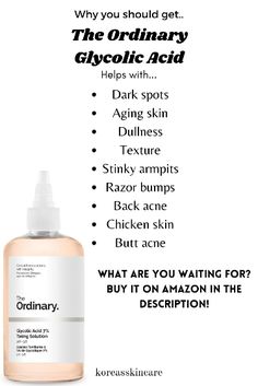 The Ordinary Glycolic Acid Toning Solution helps with dark spots, aging skin, dullness, texture, stinky armpits, razor bumps, back acne, chicken skin and butt acne! Go get it on amazon before it sells out!!! Ordinary Skincare Routine Acne, The Ordinary Skincare Routine Acne, Skincare Routine Acne, Ordinary Skincare Routine, Organic Eye Cream, The Ordinary Glycolic Acid, Forehead Acne, The Ordinary Skincare Routine, Skin Care Basics